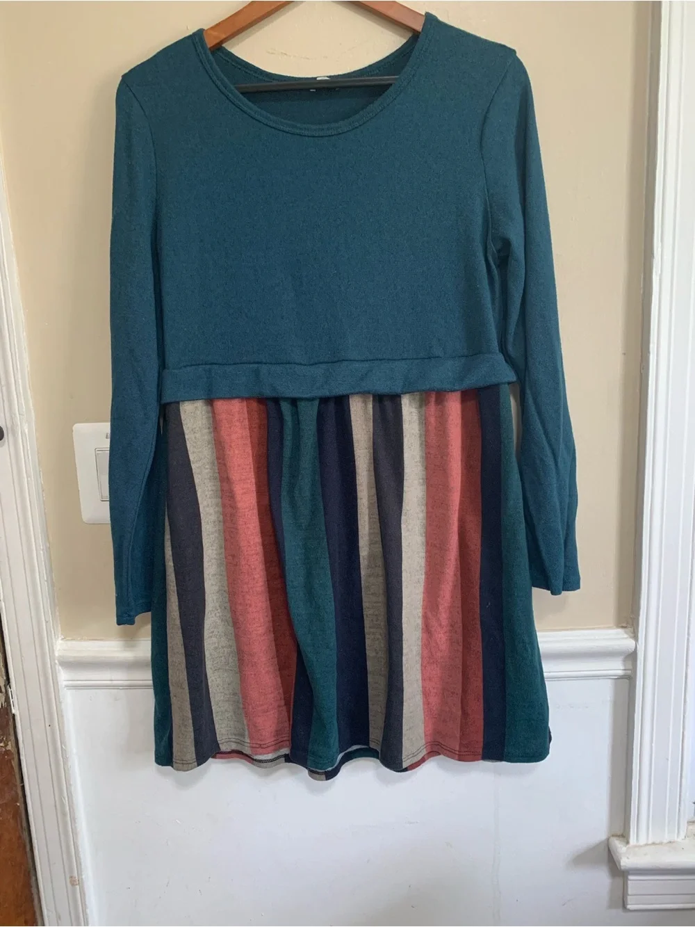 Girls Teal Long-Sleeve Striped Knit Dress